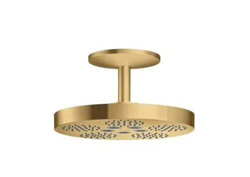 Kopfbadestrahlereinheit in gebürstetem Gold-Design mit Deckenanschluss. Ein Produkt von AXOR, geeignet für moderne Badezimmeranwendungen.